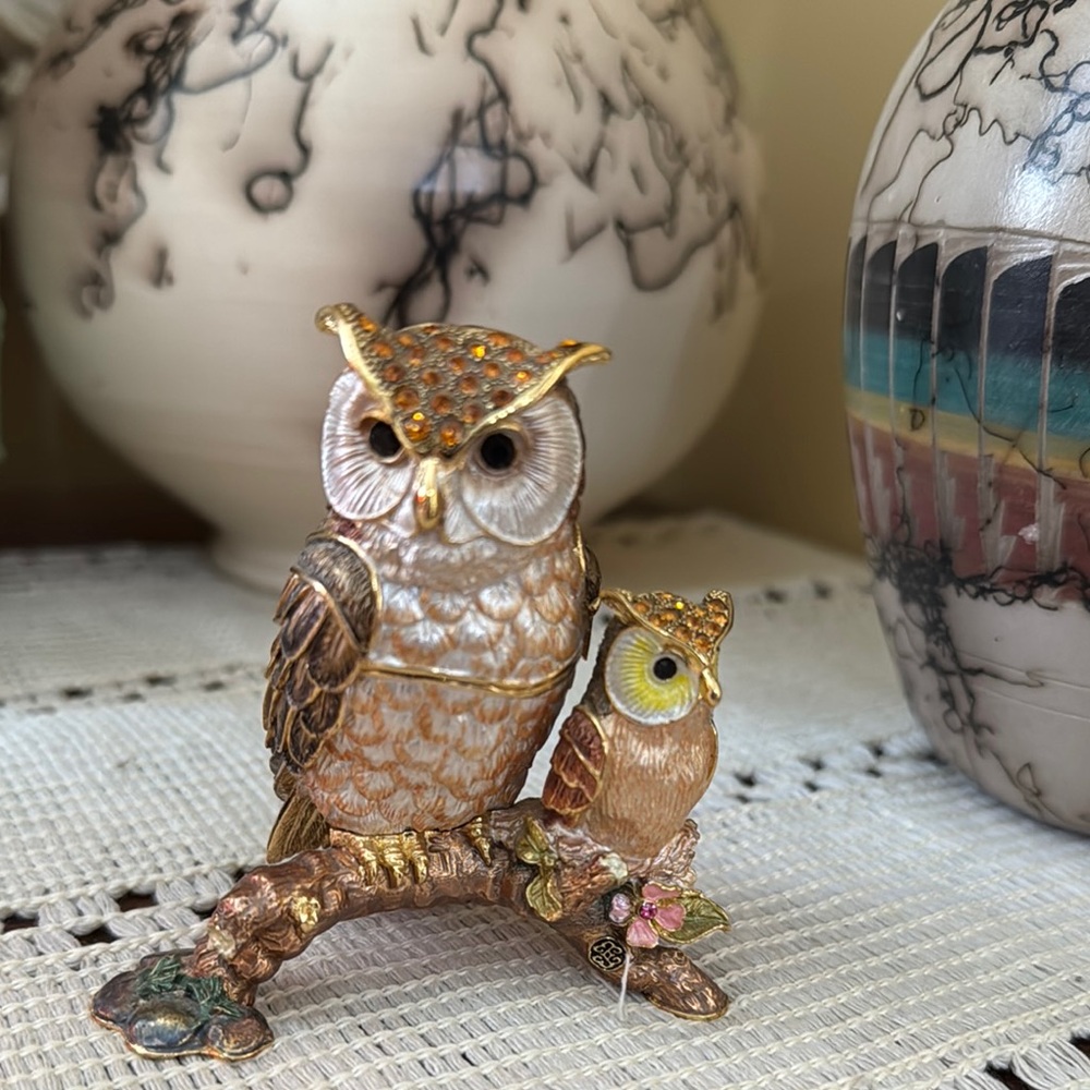 Gold and Brown Owl Decor Accent Boxwith Realistic Features
